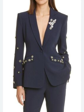 cinq a sept Navy Embellished Single-Button Blazer